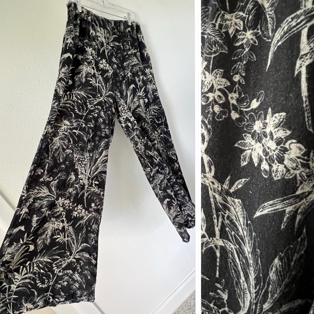Saiph Lab White Women's Black and Cream Floral Wide Leg Linen Pants Size Medium